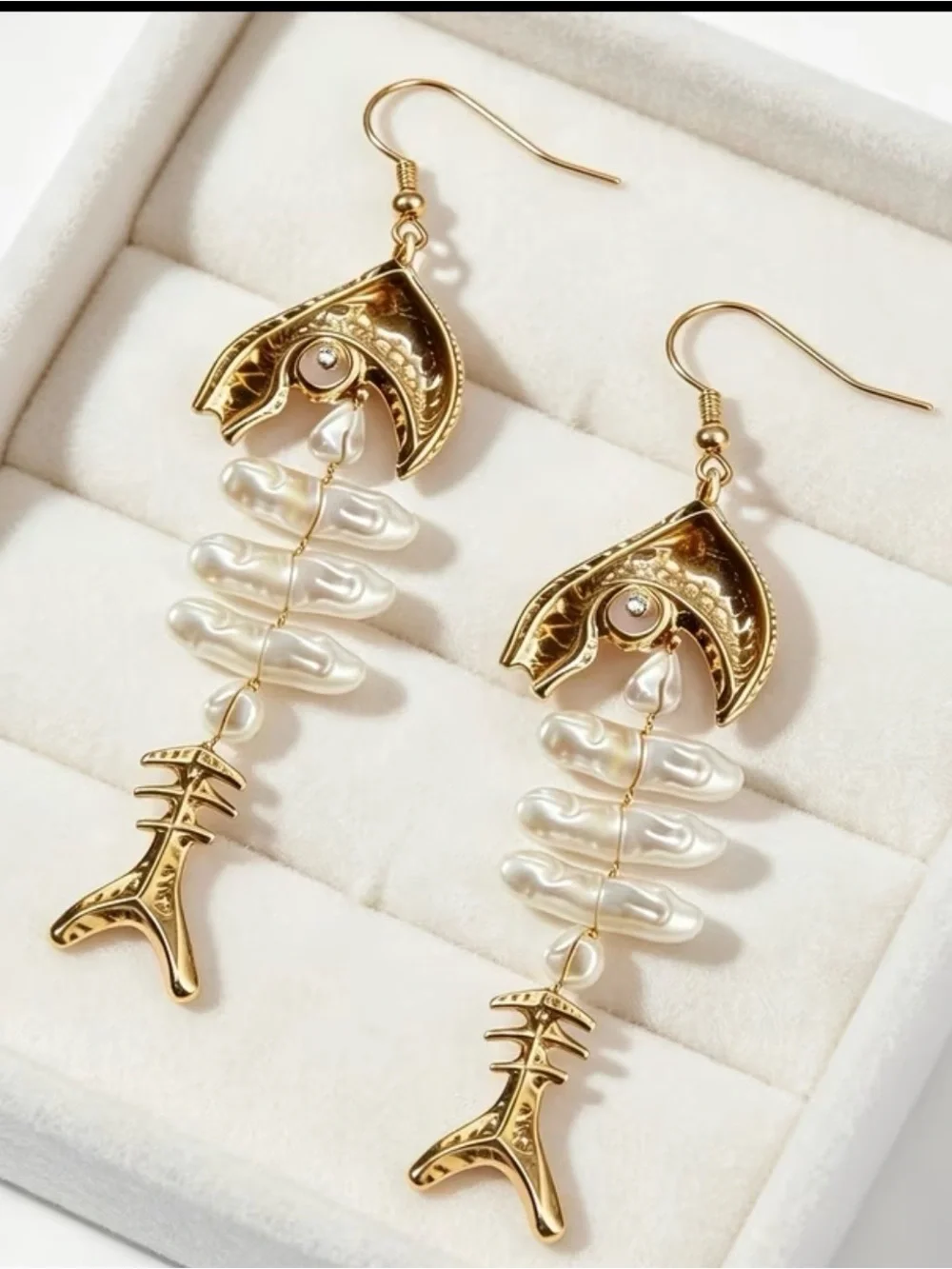 Gold Pearl Drop Fishbone Statement Earrings - Women Jewelry